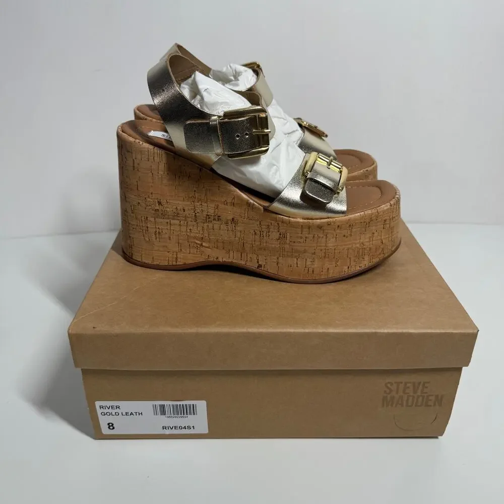 NEW Steve Madden River Platform Wedge Sandal 8 Gold Leather Buckle Ankle Strap